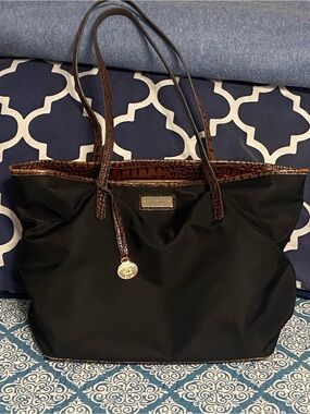 BRAHMIN Black Nylon Croc Leather Trim Tote Bag